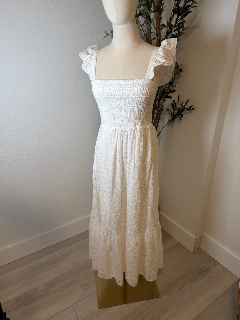 Smocked Eyelet Midi Dress in White